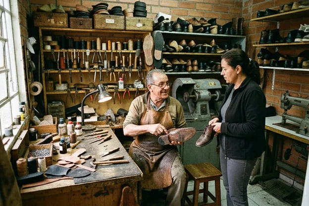 Sapateiro atendendo cliente em Ferraz de Vasconcelos.