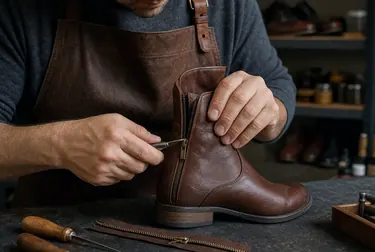 Sapateiro consertando o zíper de uma bota em Ferraz de Vasconcelos.