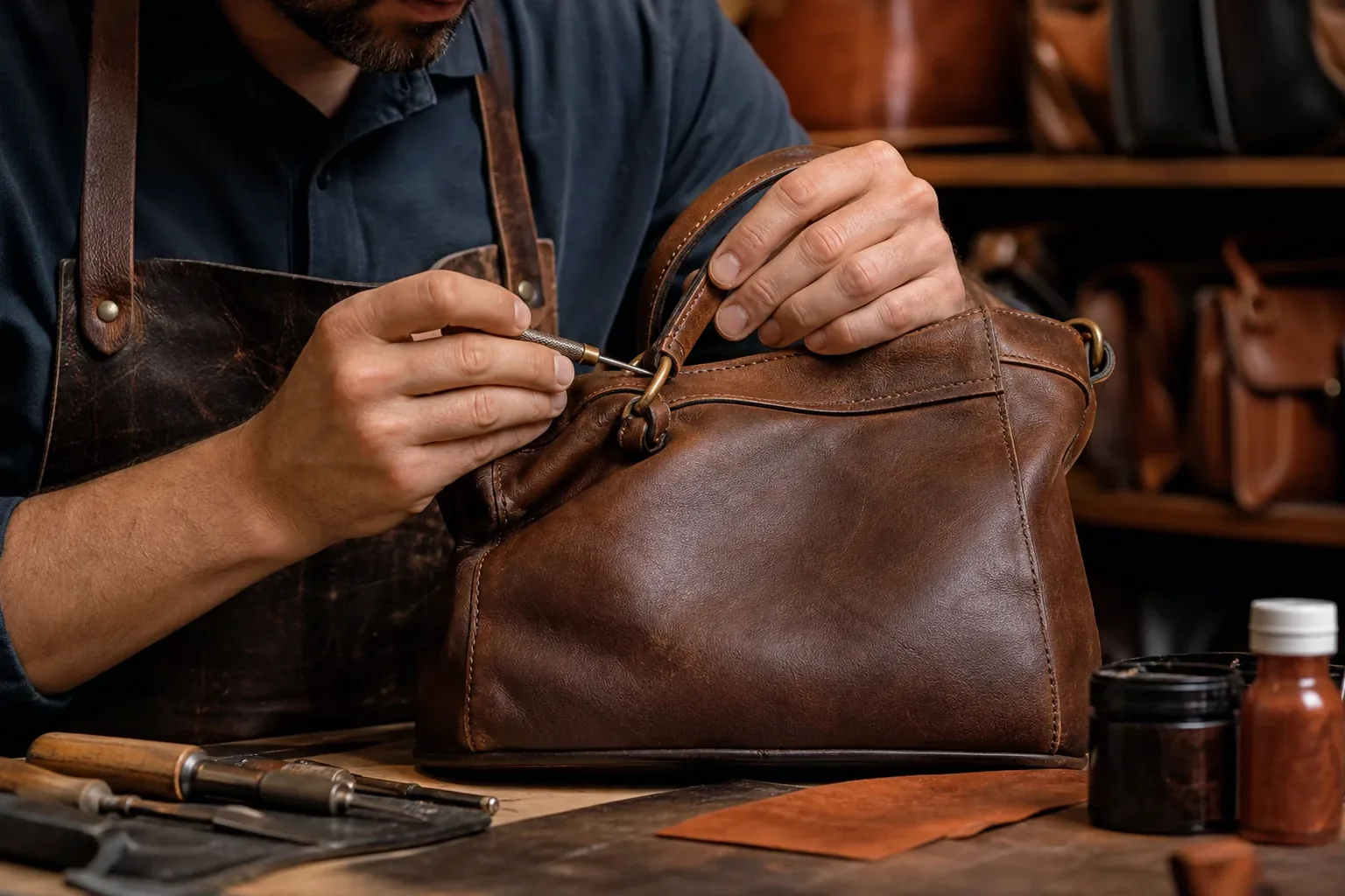 Sapateiro reformando uma bolsa de couro em Ferraz de Vasconcelos.